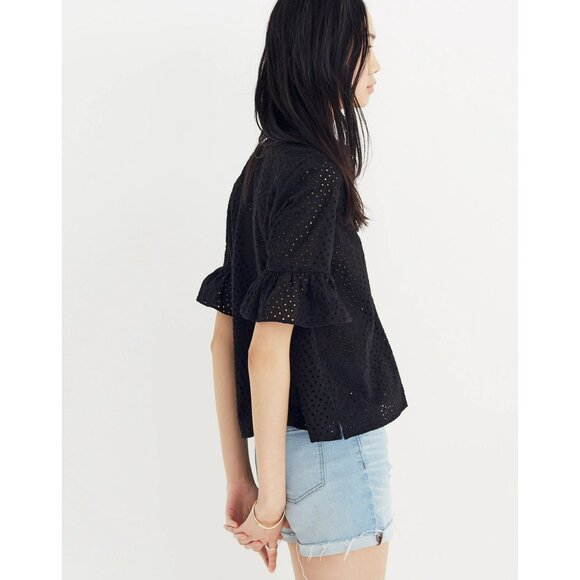 Madewell Black V Neck Button Front Eyelet Short Sleeve Blouse M - Picture 5 of 11